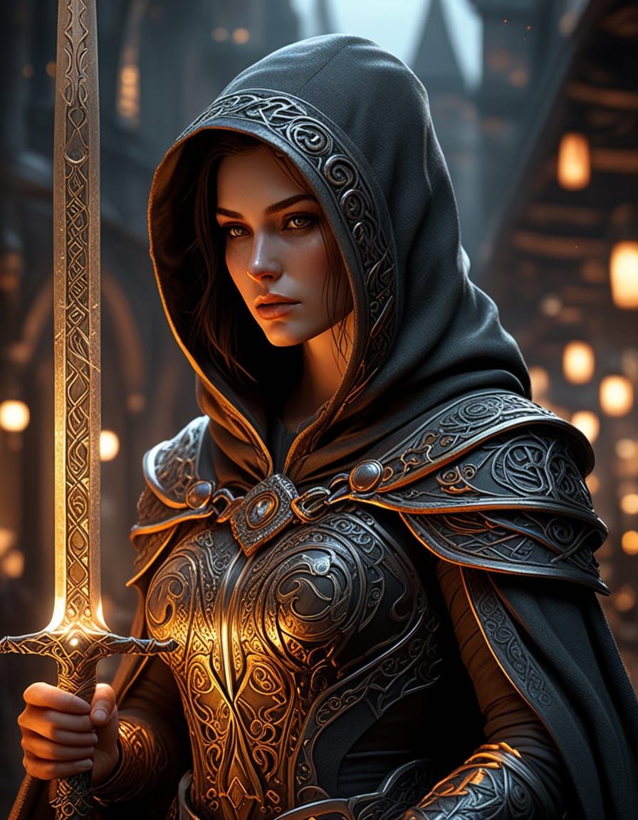 Woman with Glowing Sword in Fantasy Illustration
