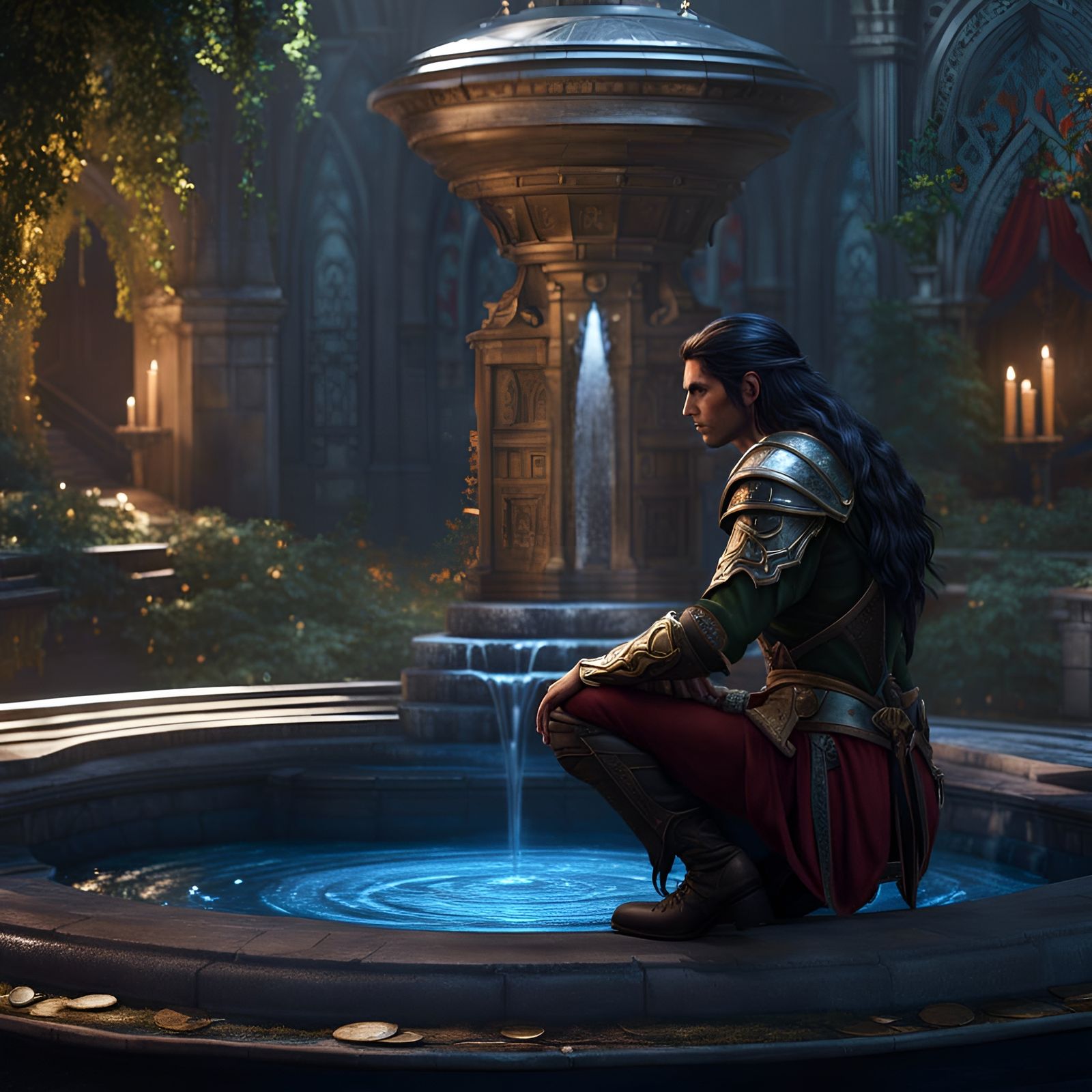 Handsome Elf Contemplates Fountain in Fantasy Art