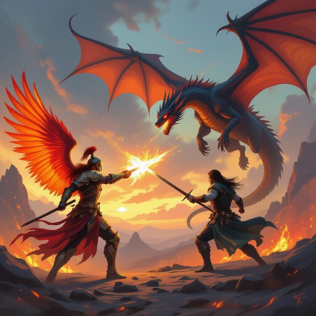 Fiery Phoenix Warrior Battles Dragon Rider: Fantasy Art