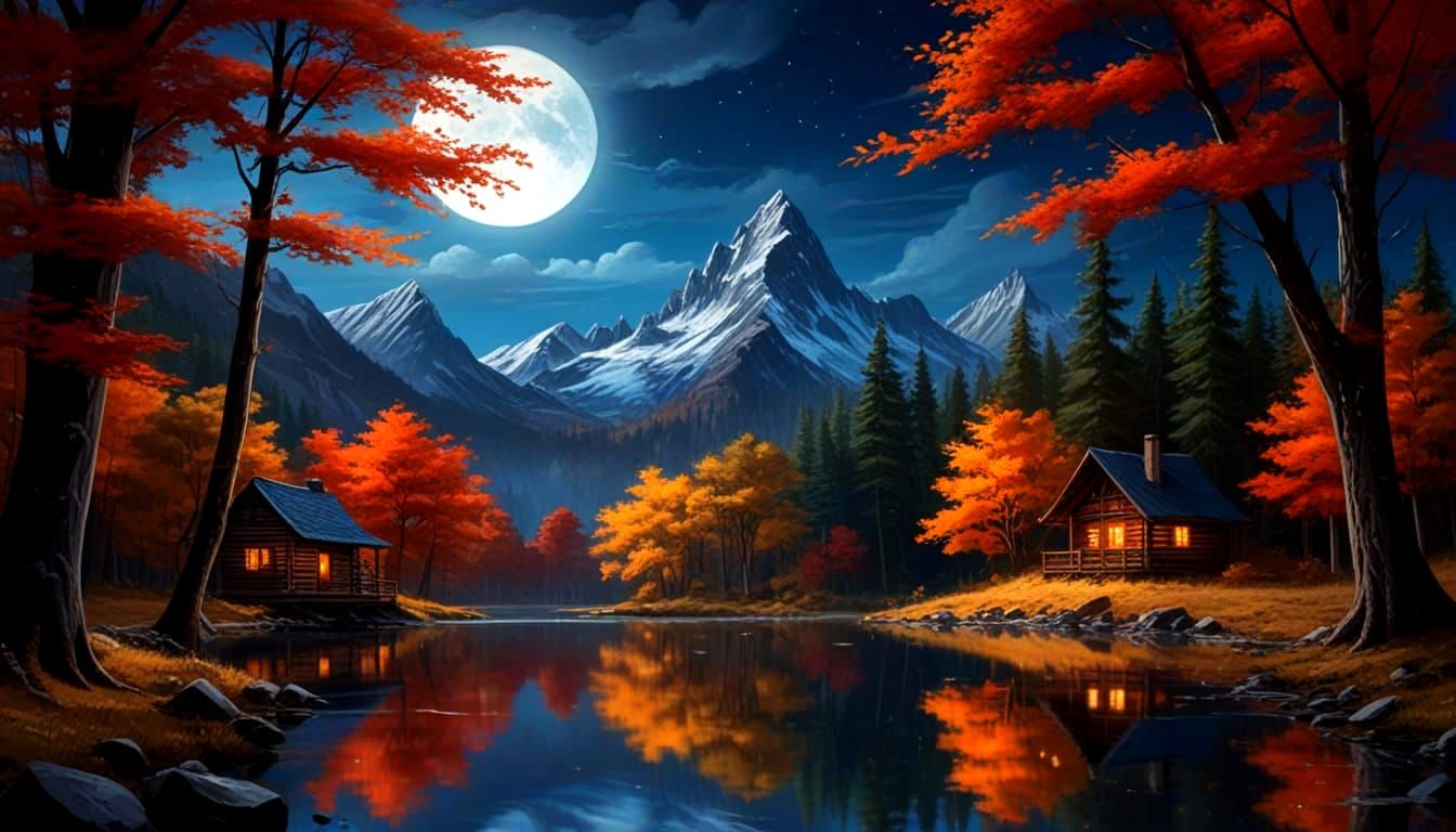 Autumn Cabin by Moonlit Lake, Vibrant Oil Painting