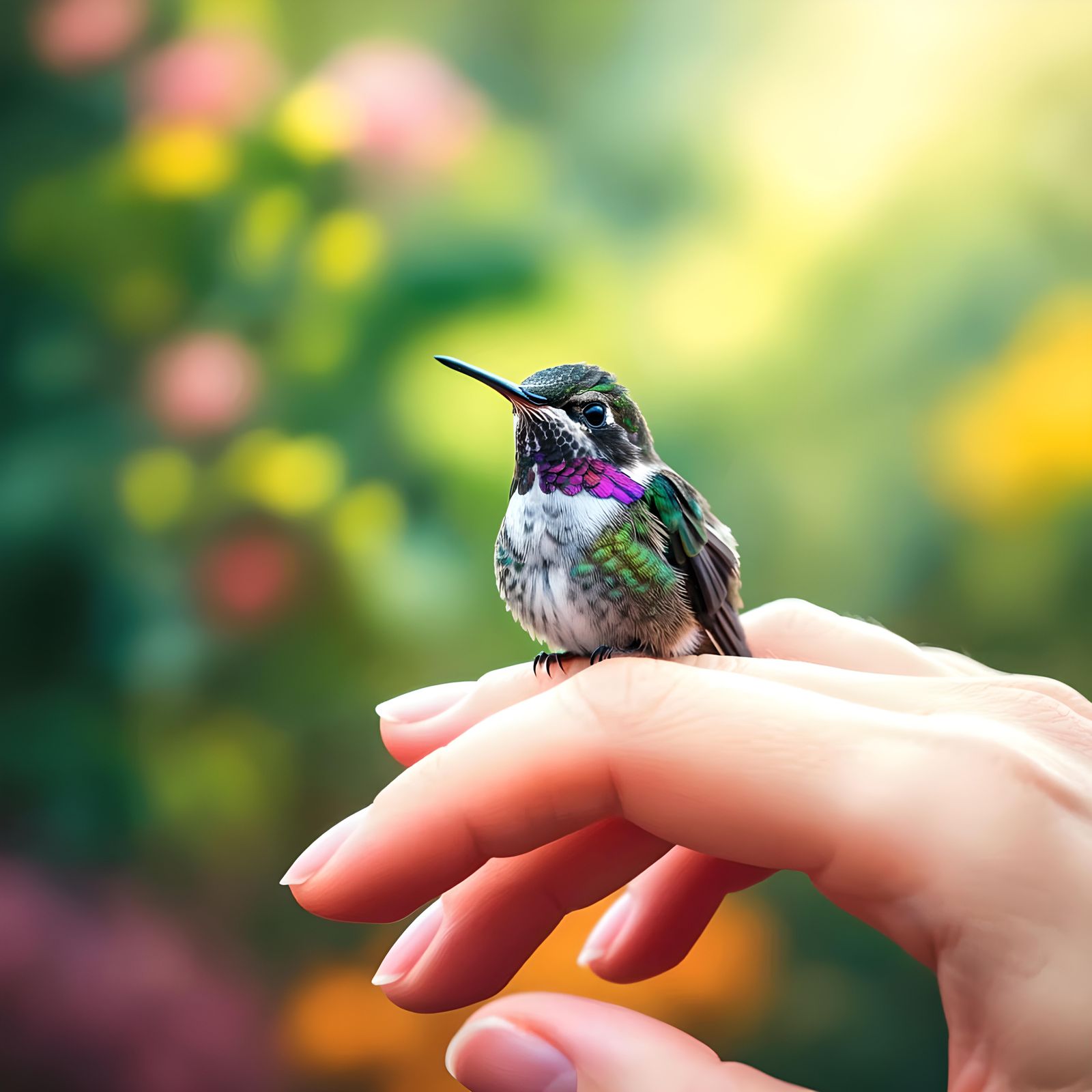 Hummingbird Perched on Finger in Watercolor Style