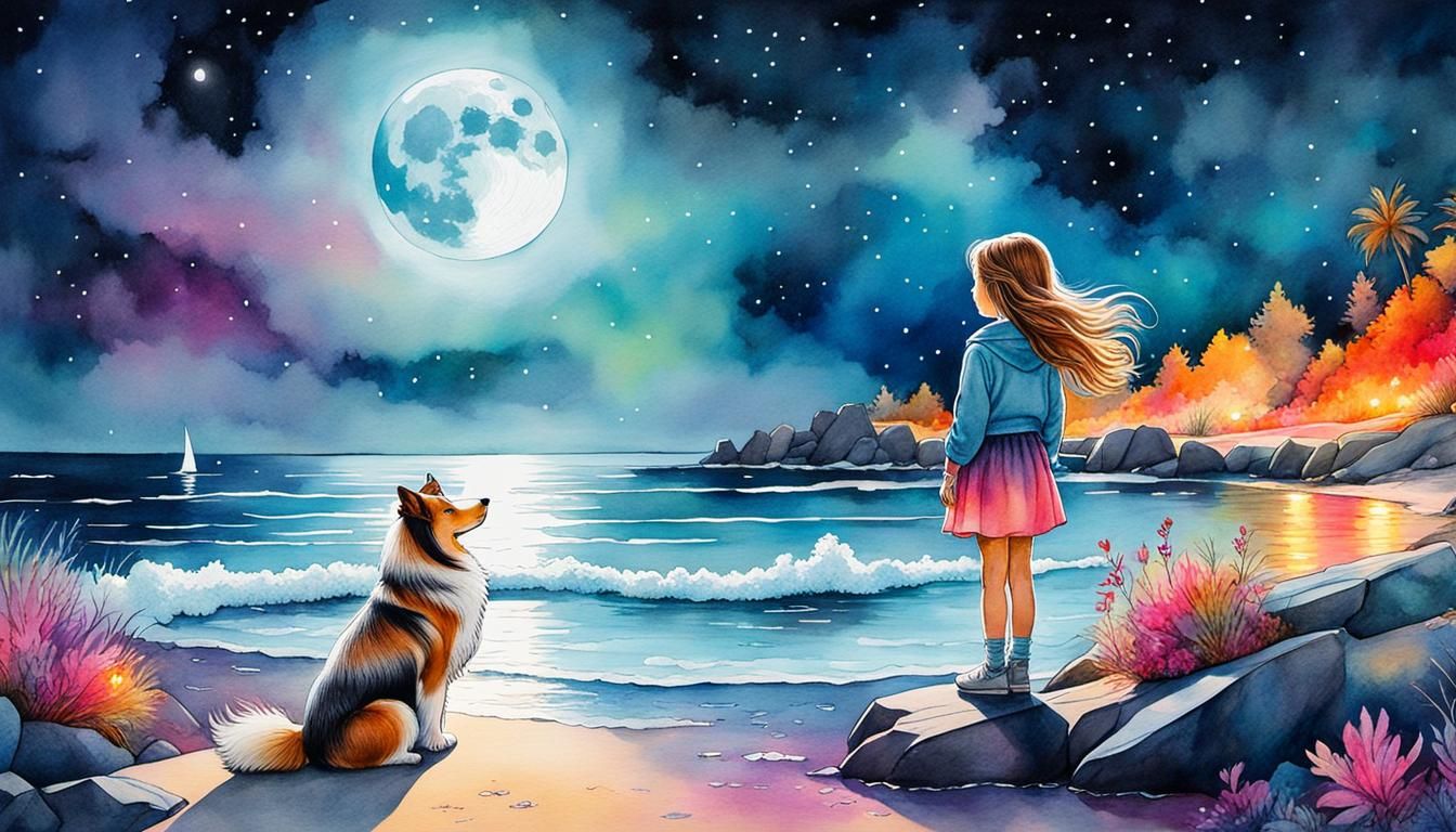 Girl and Dog Under Moon in Cosmic Watercolor