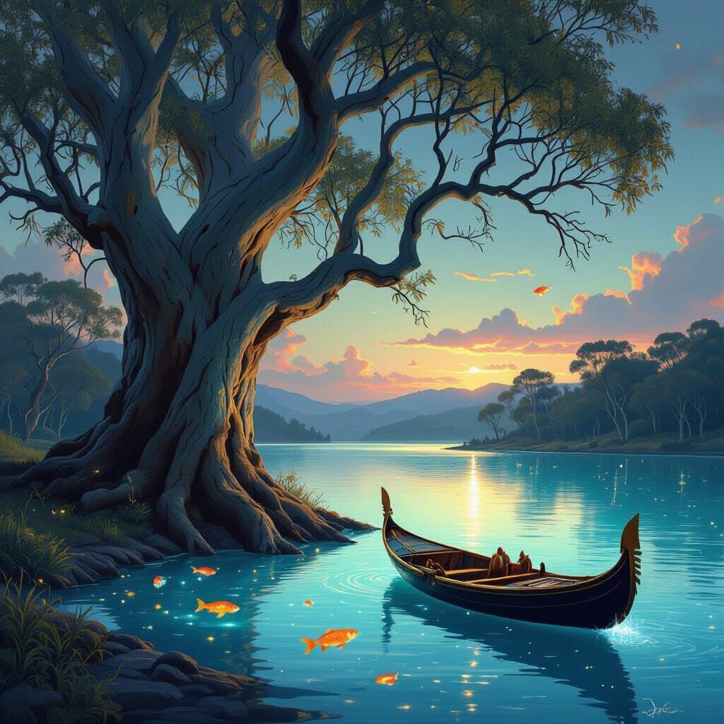 Bioluminescent Lake with Ancient Eucalyptus Tree