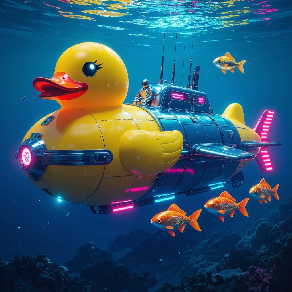Futuristic Rubber Duck Submarine with Robotic Goldfish