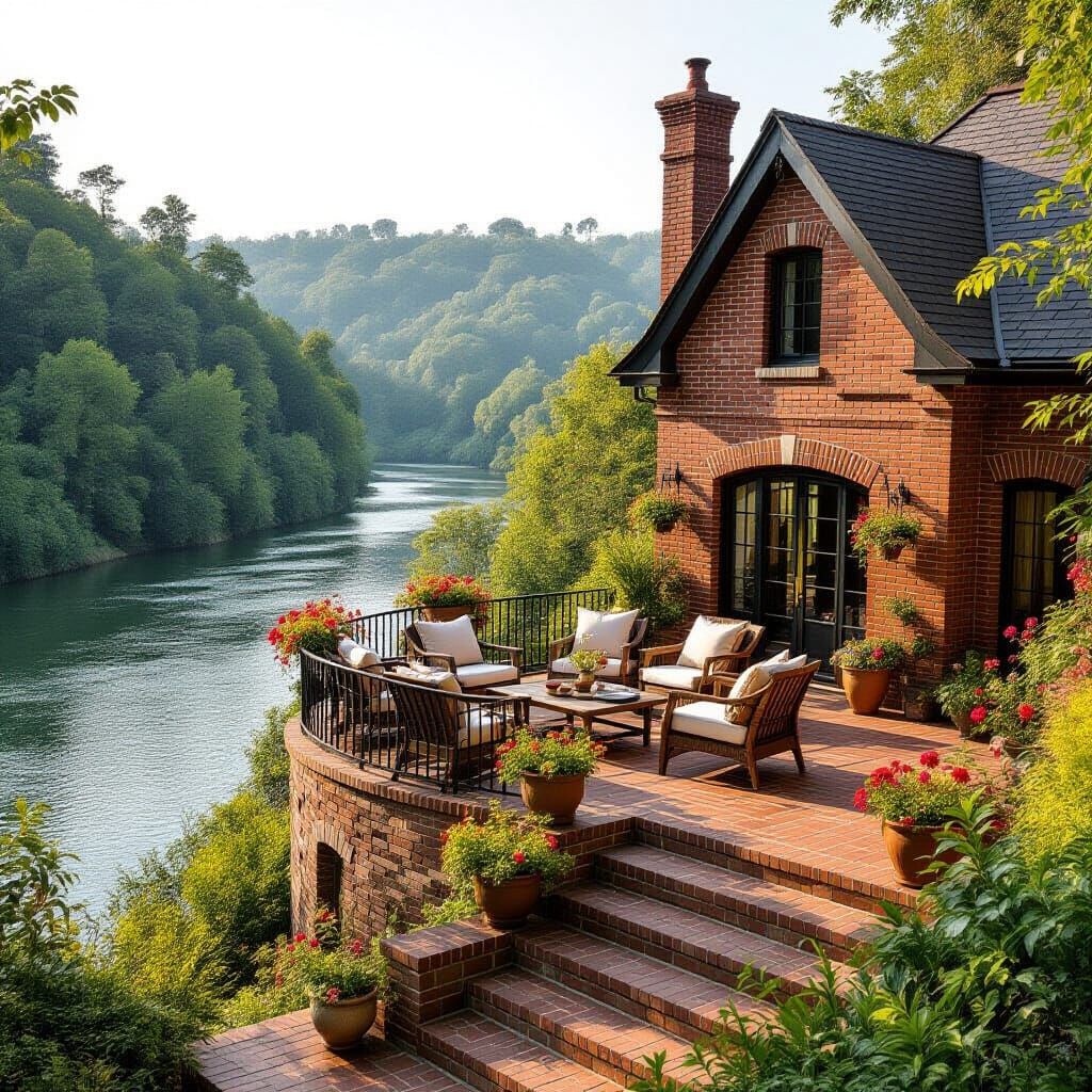 Brick House Overlooking River in Cinematic Style
