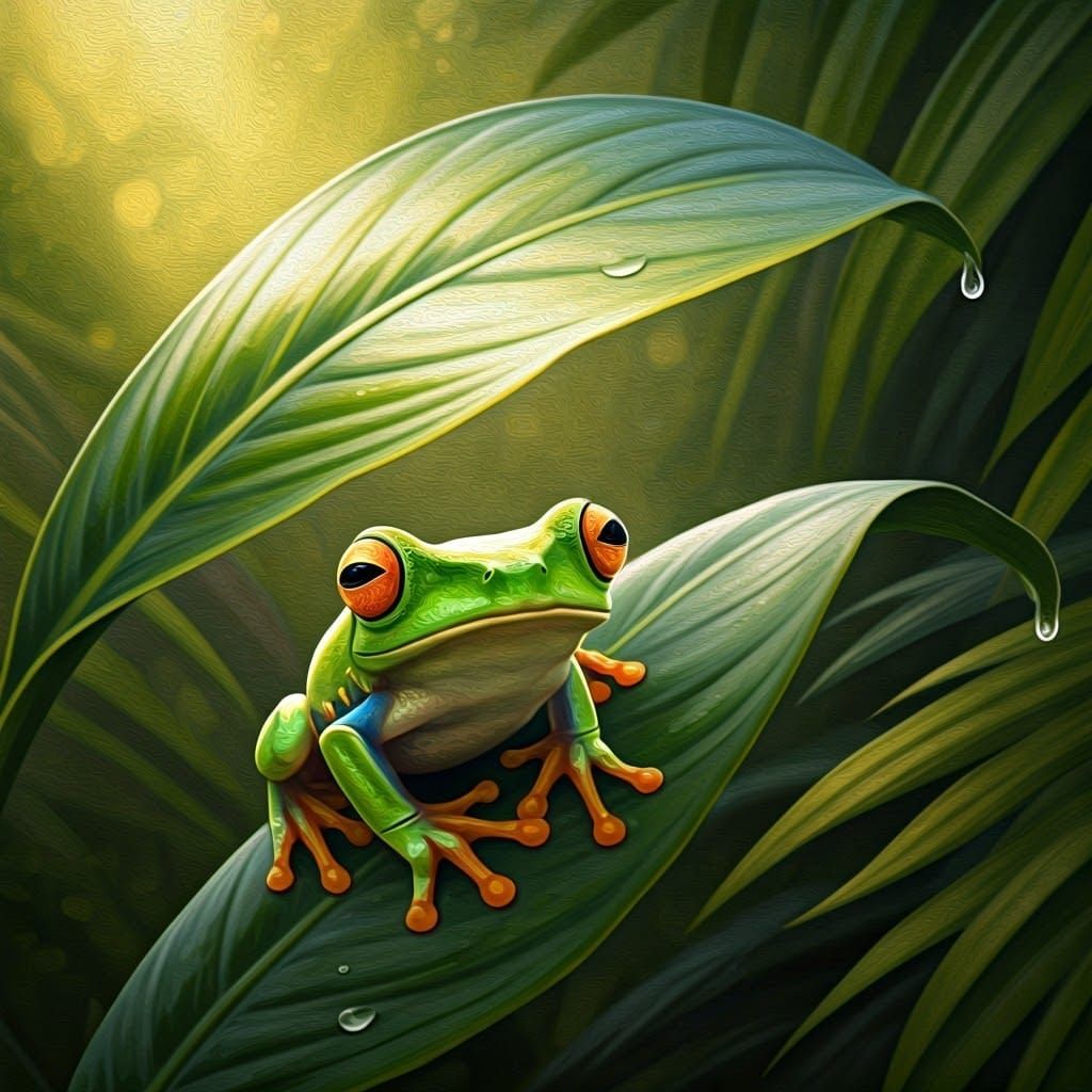 Whimsical Frog Under Leaf in Impressionist Style