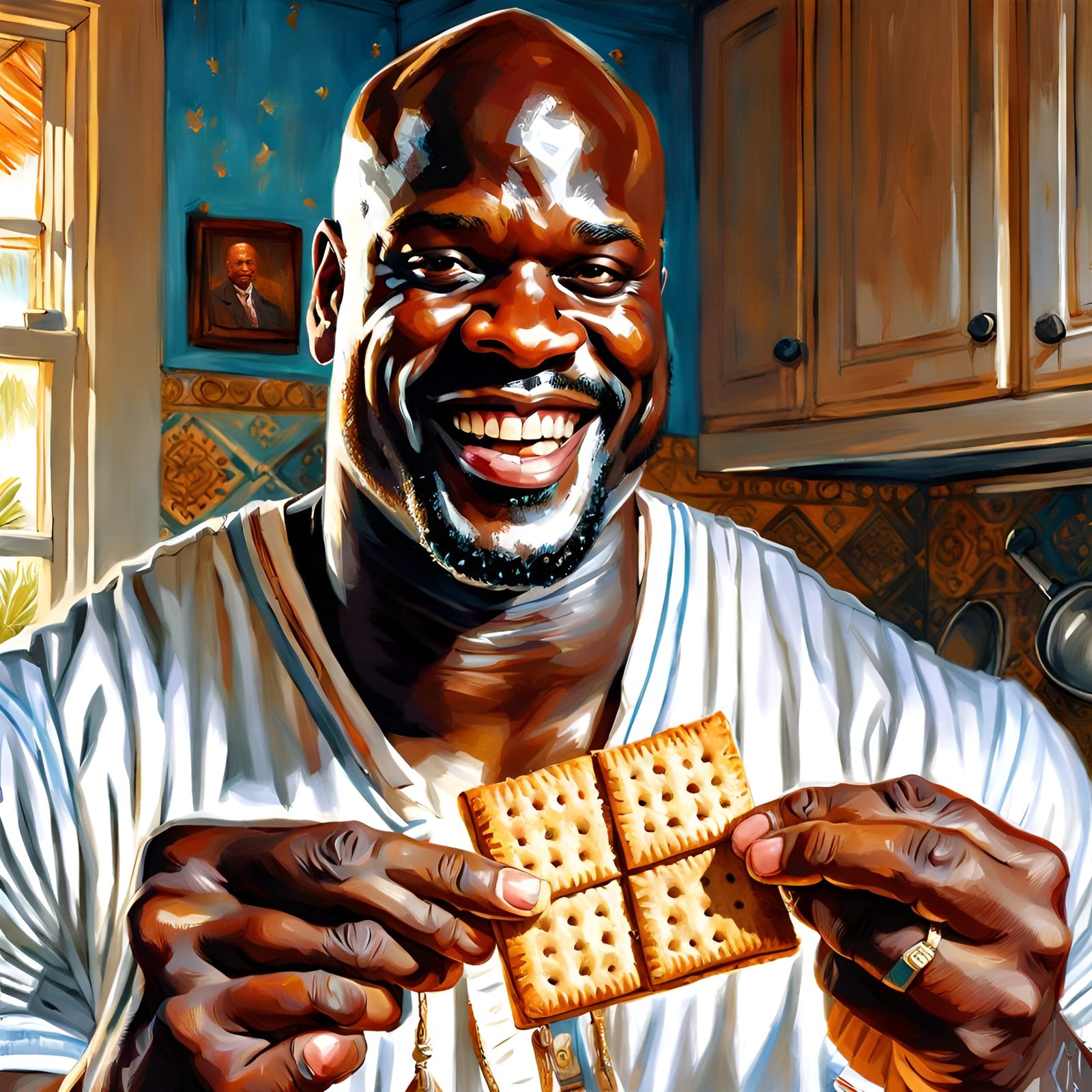 Shaq Portrait Holding Graham Cracker, Detailed Kitchen Scene