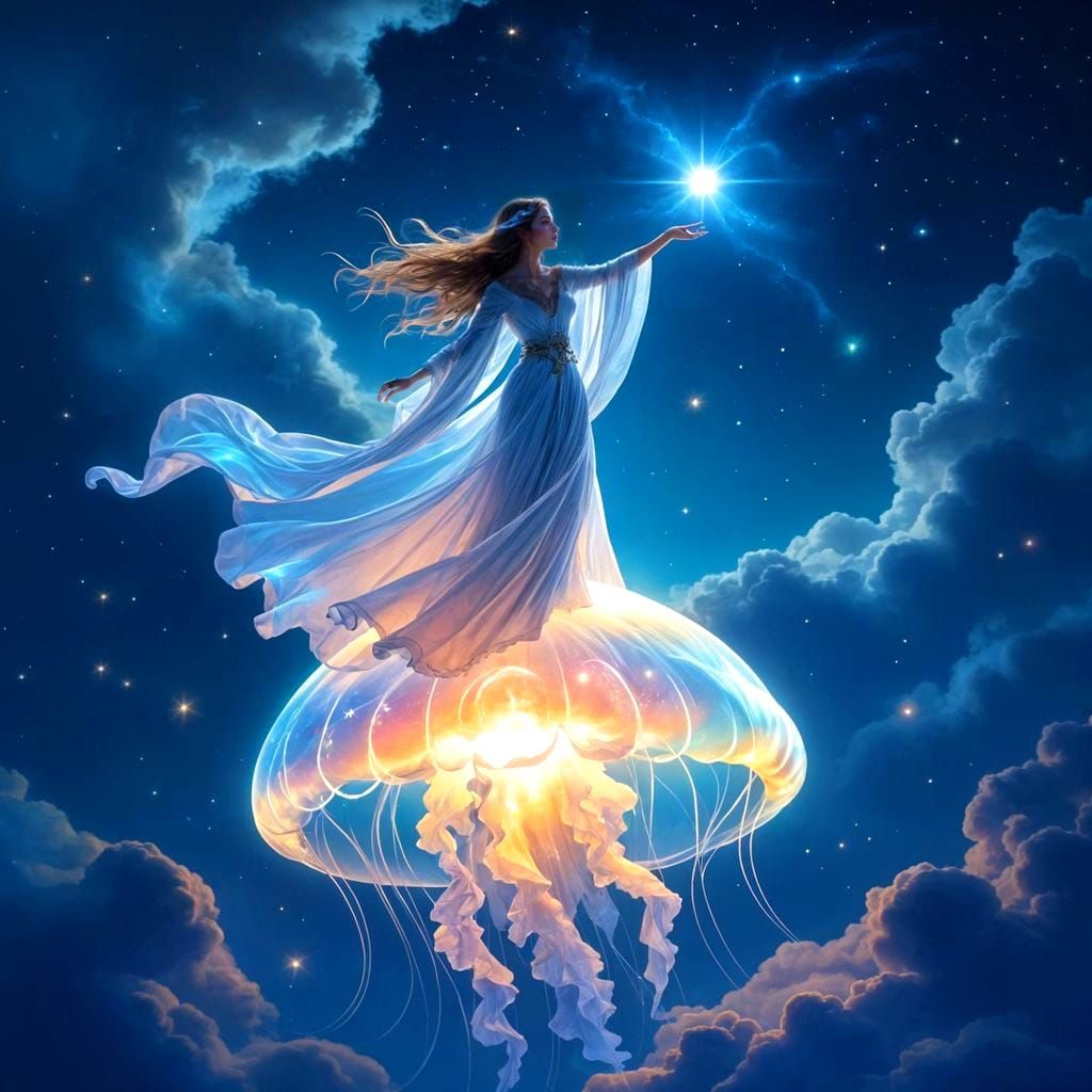 Celestial Stardust Sorceress on Jupiter, Art Nouveau Style