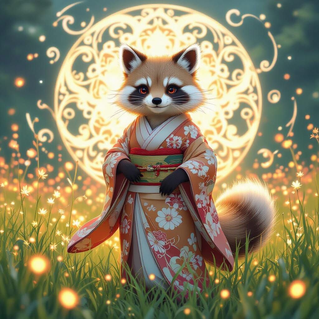 Tanuki in Kimono Amidst Glowing Foxfire