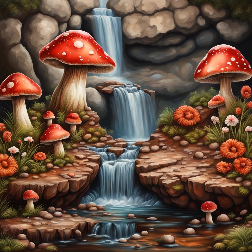 Mushroom Rock with Waterfall in Airbrush Style
