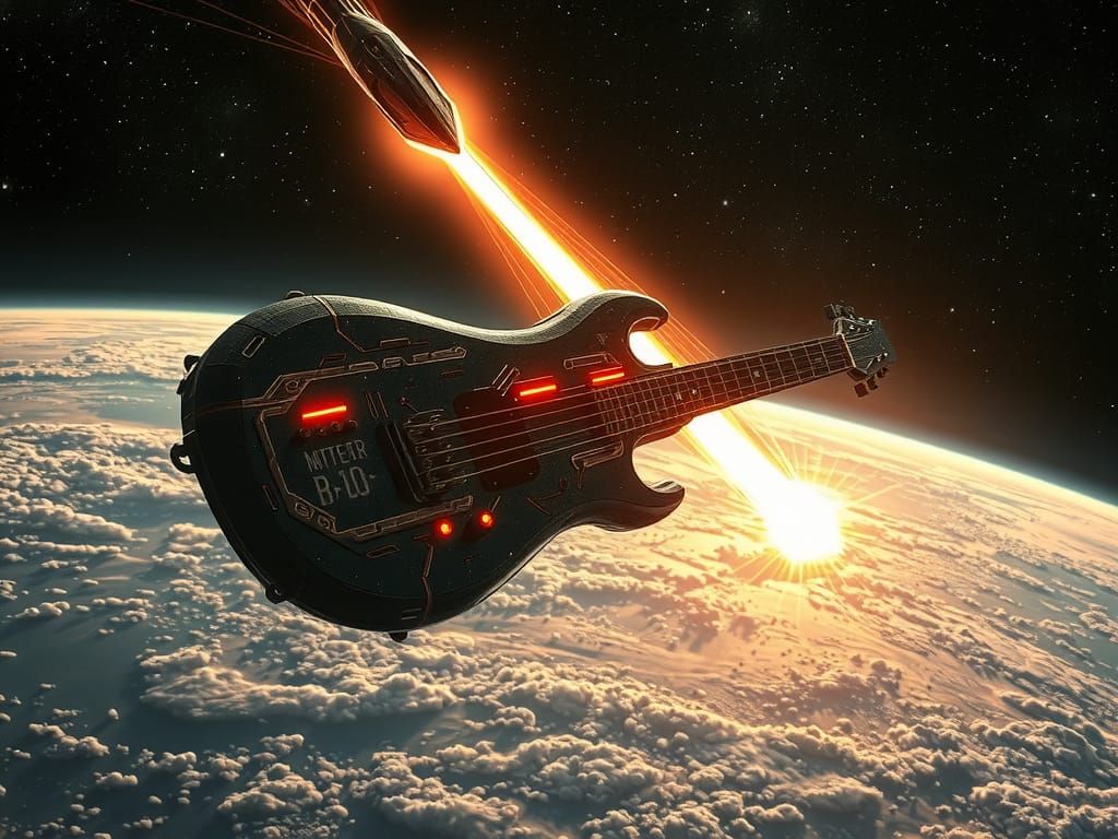 Guitar Spaceship Meteor Burning in Cyberpunk Style