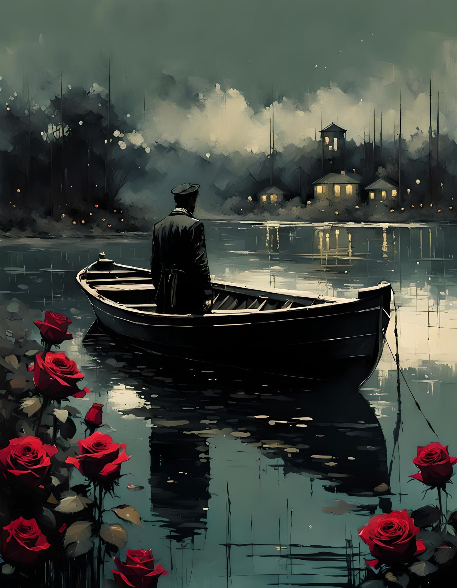 Gloomy Lakeside Scene with Roses: Emotional Digital Painting