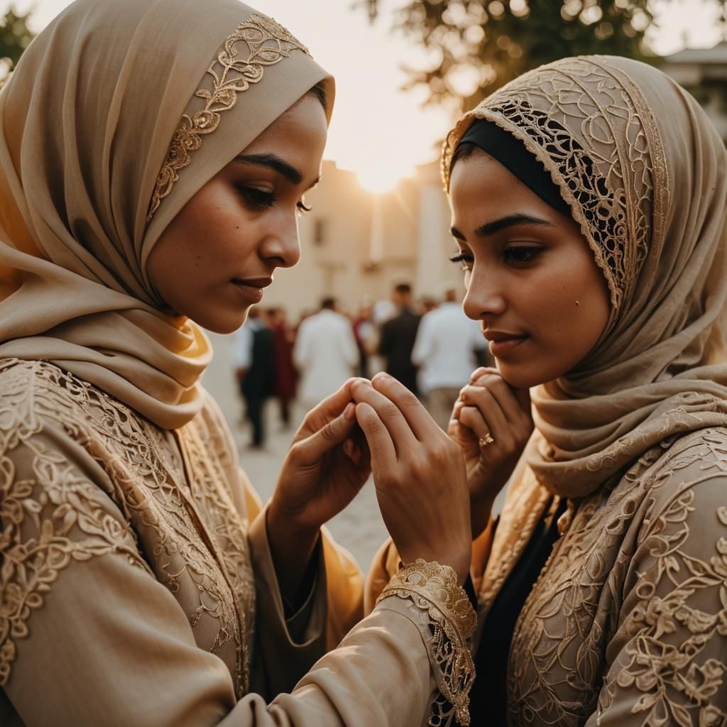 Muslim Girl Adjusts Boyfriend's Hijab: Cinematic Still