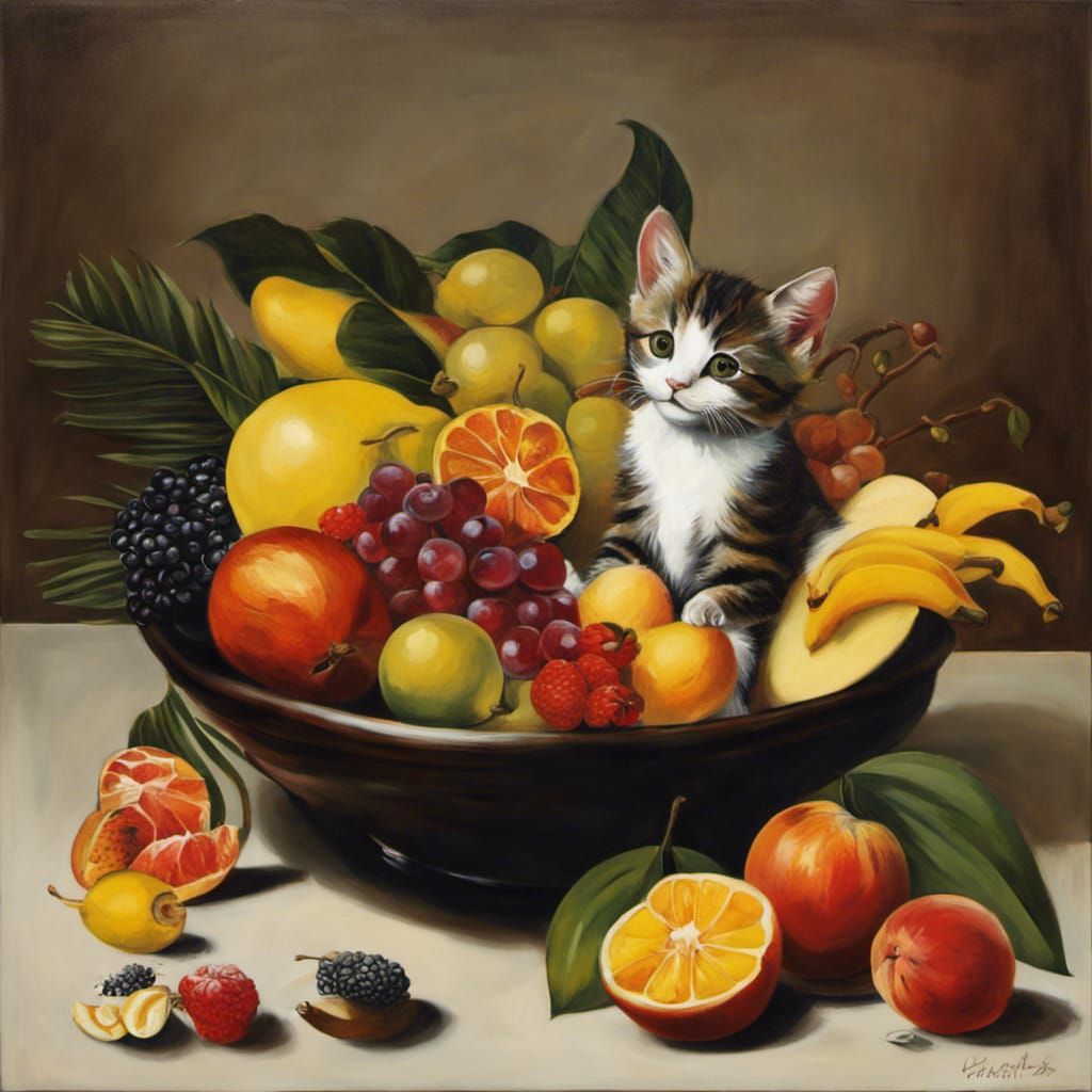 Baroque Still Life with Tropical Fruit and Kitten
