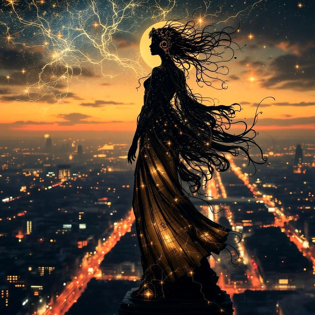 Art Nouveau Electric Goddess Over Steampunk Paris
