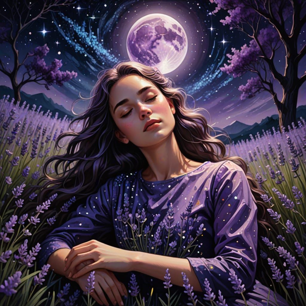 Dreamy Cosmic Art: Woman in Lavender Field