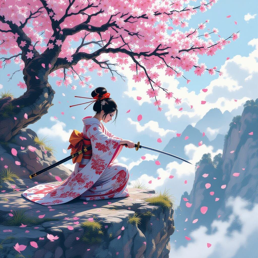 Geisha Practices Katana on Cliff in Painterly Fantasy Style