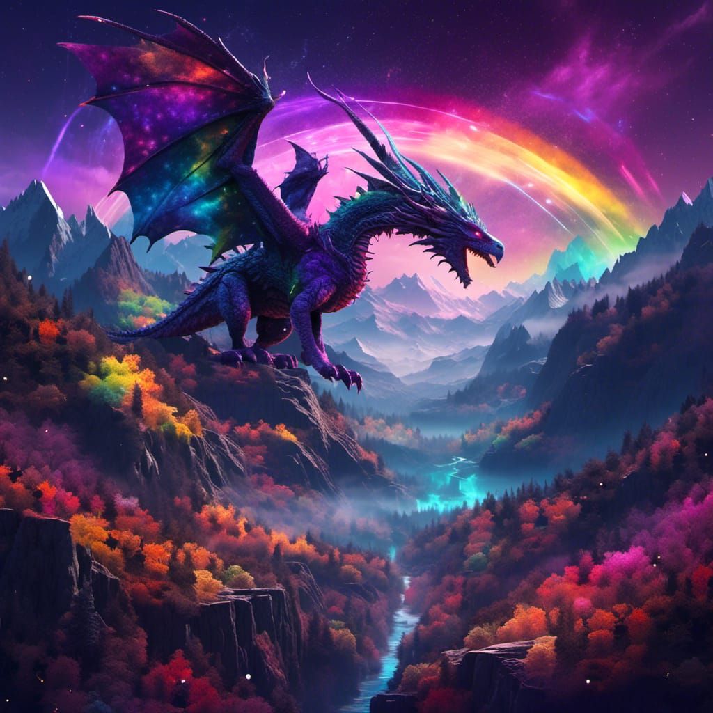 Star Dragon Over Bioluminescent Mountains