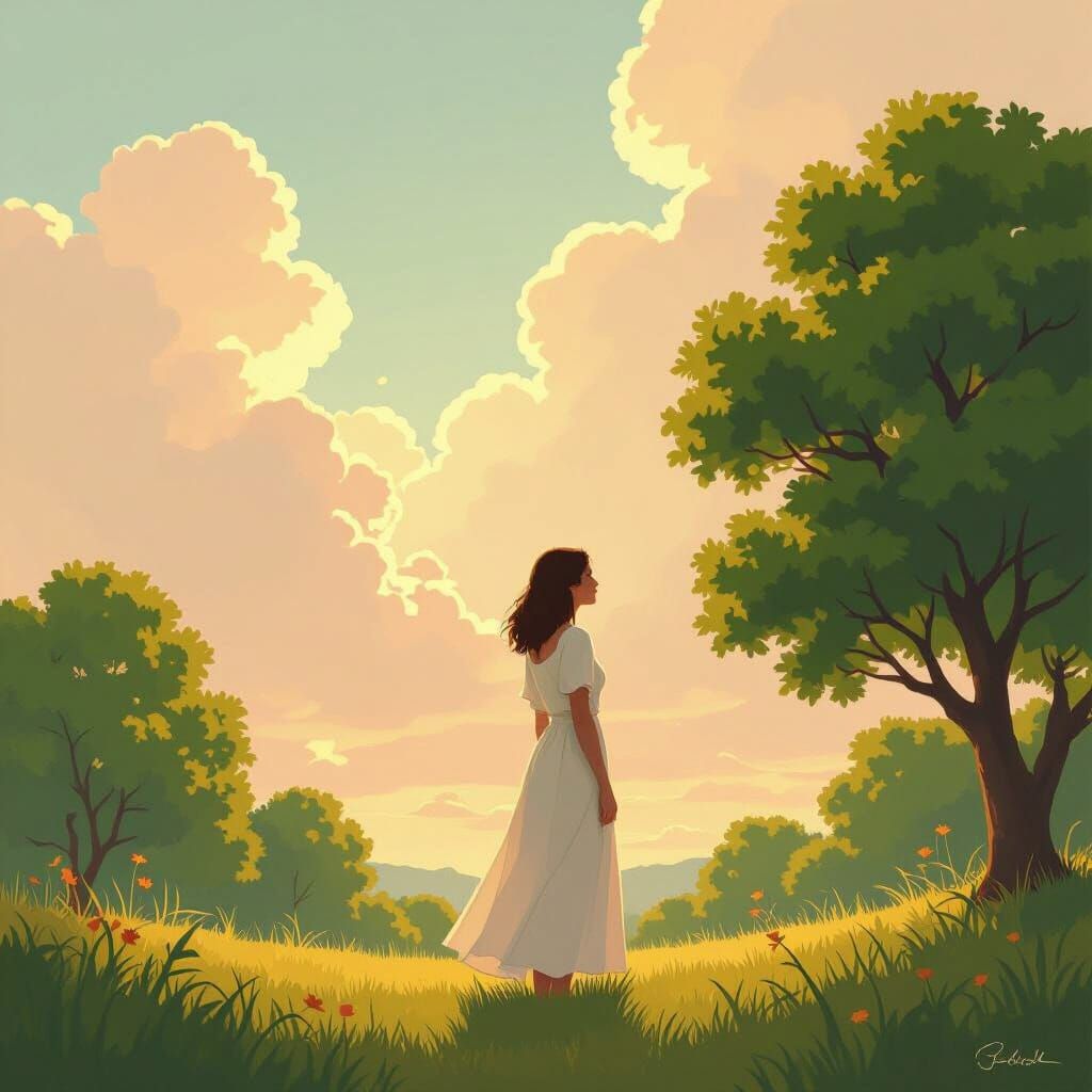Serene Woman in Sunlit Landscape