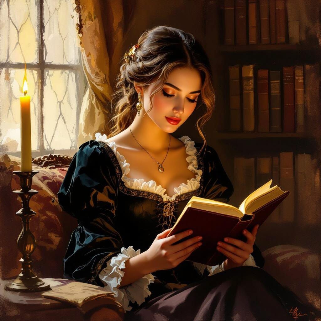 Woman Reading by Candlelight in Renaissance Style