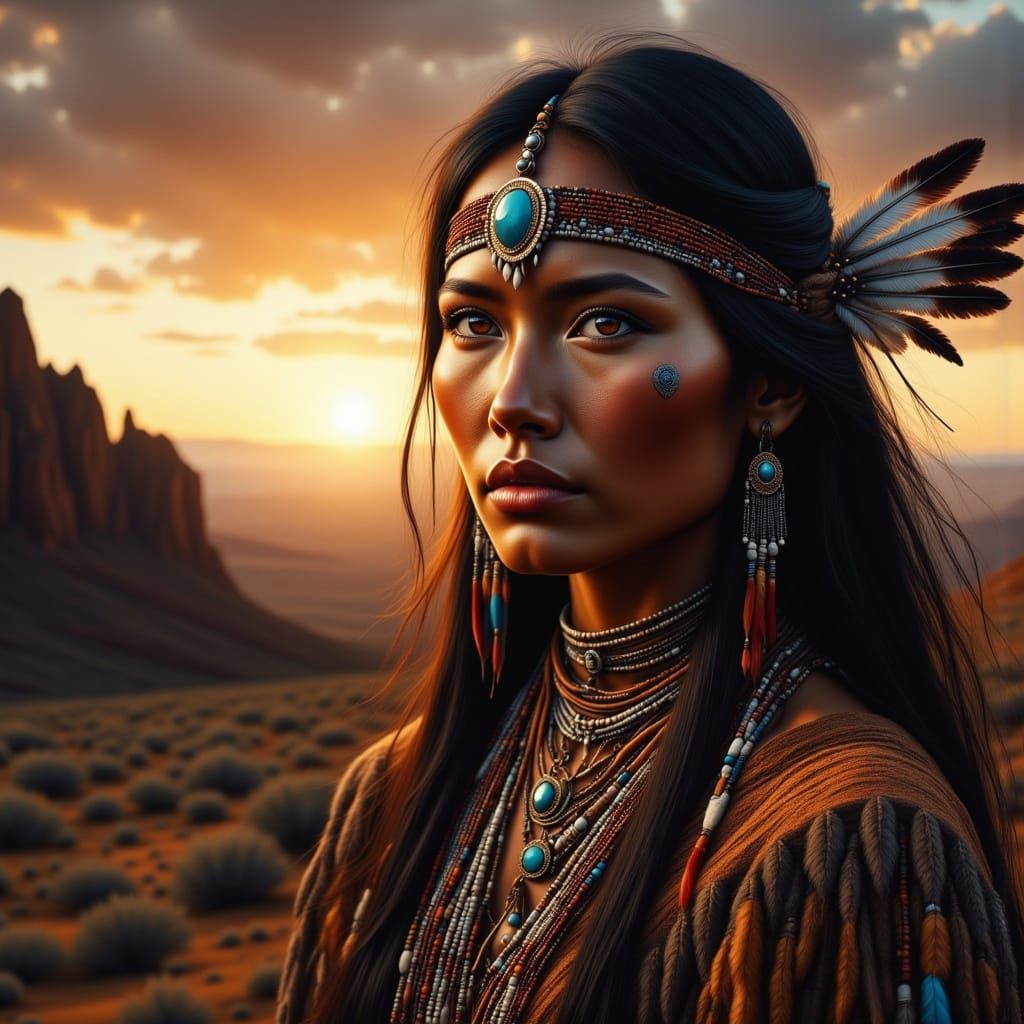 Native American Woman Gazes at Sunset Over Ancestral Lands