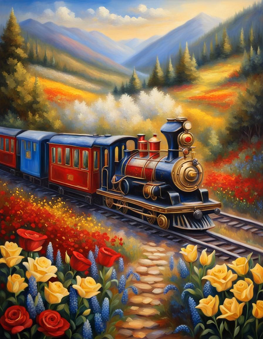 Mystical Train in Ethereal Valley: Oil Painting