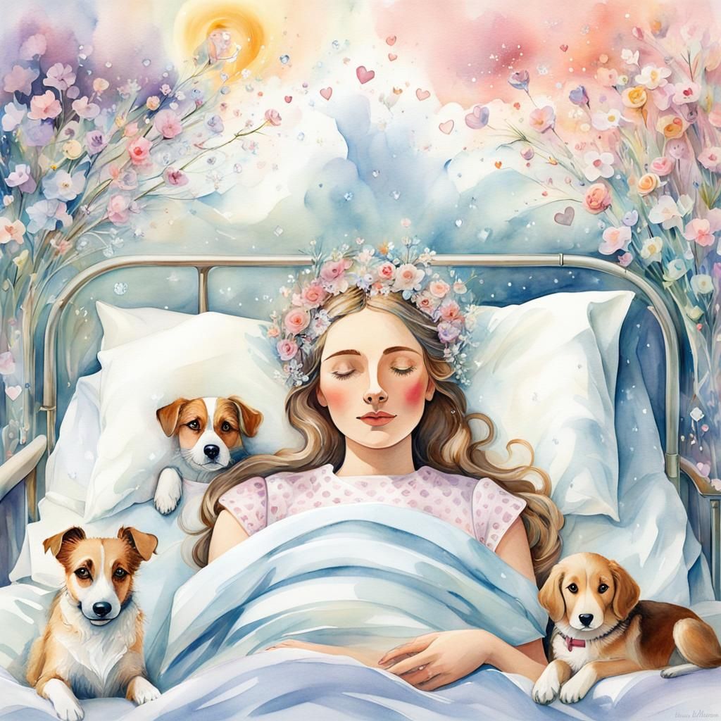 Girl Receives Puppy in Hospital: Dreamy Watercolor Art