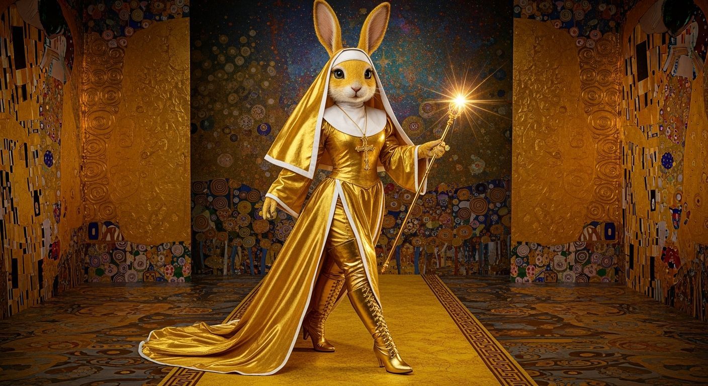Golden Rabbit Nun with Scepter in Klimt Style