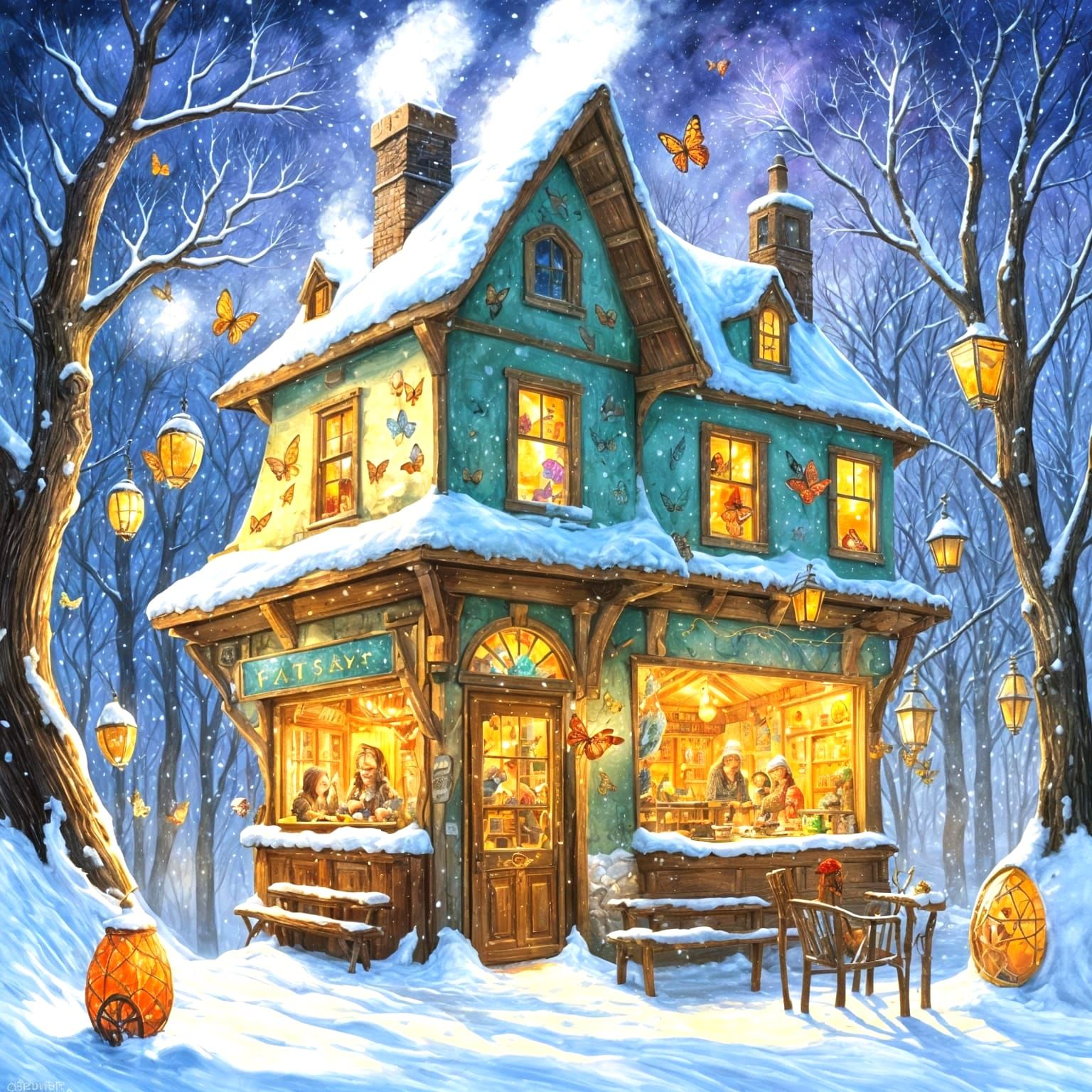 Whimsical Cafe Inside a Giant Acorn, Fantasy Illustration