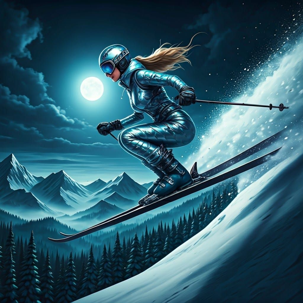 Ethereal Woman Skier in Moonlit Descent