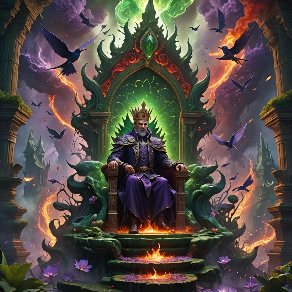 King on Throne of Green Fire with Swallows