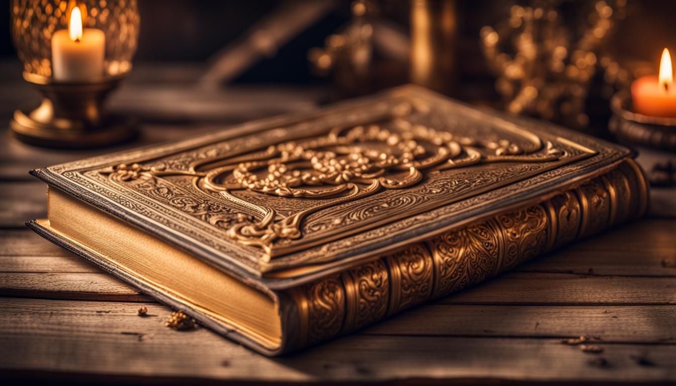 Hyperrealistic Old Book with Metal Frame in Golden Hour