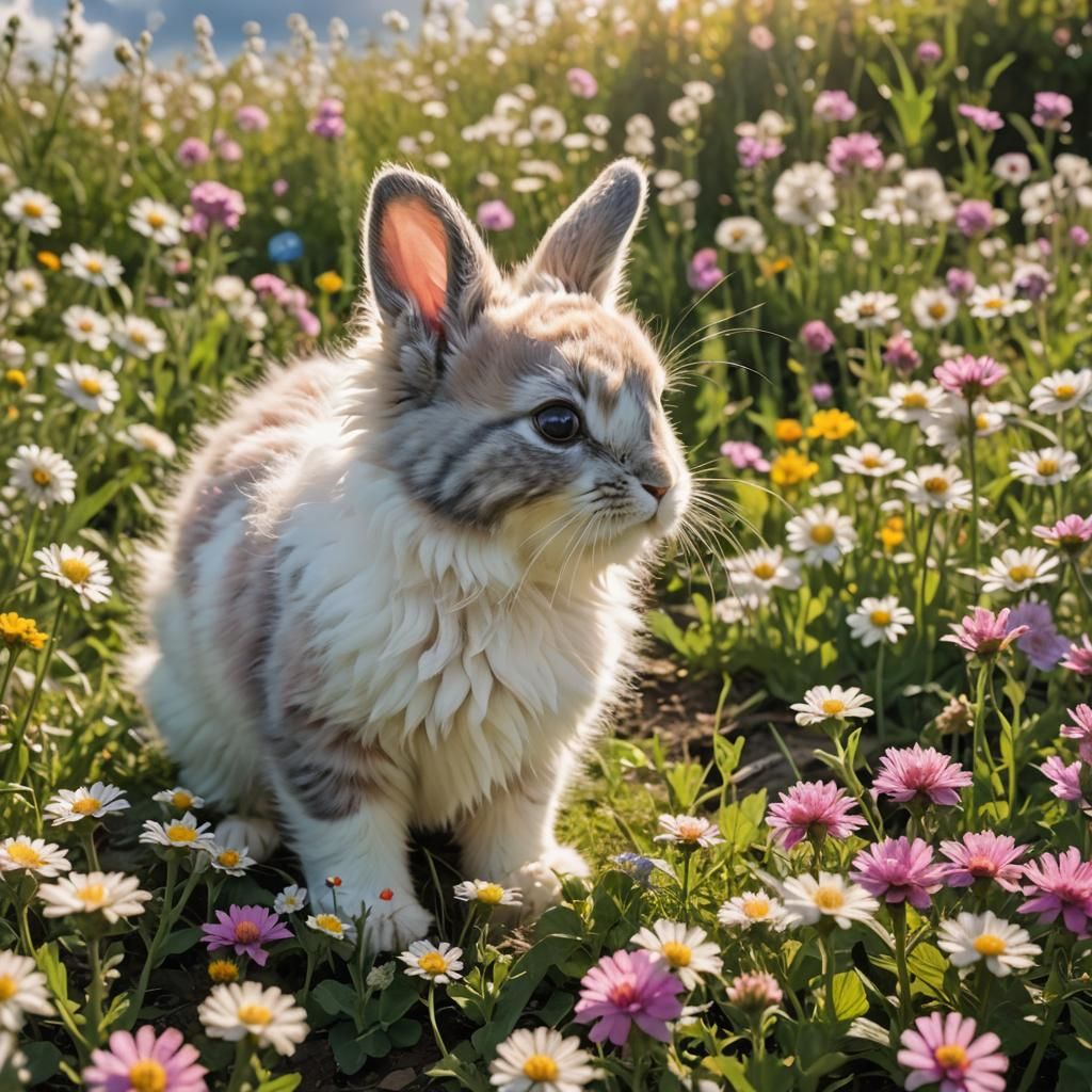 Fluffy Bunny Kitten Hybrid in a Flower Field
