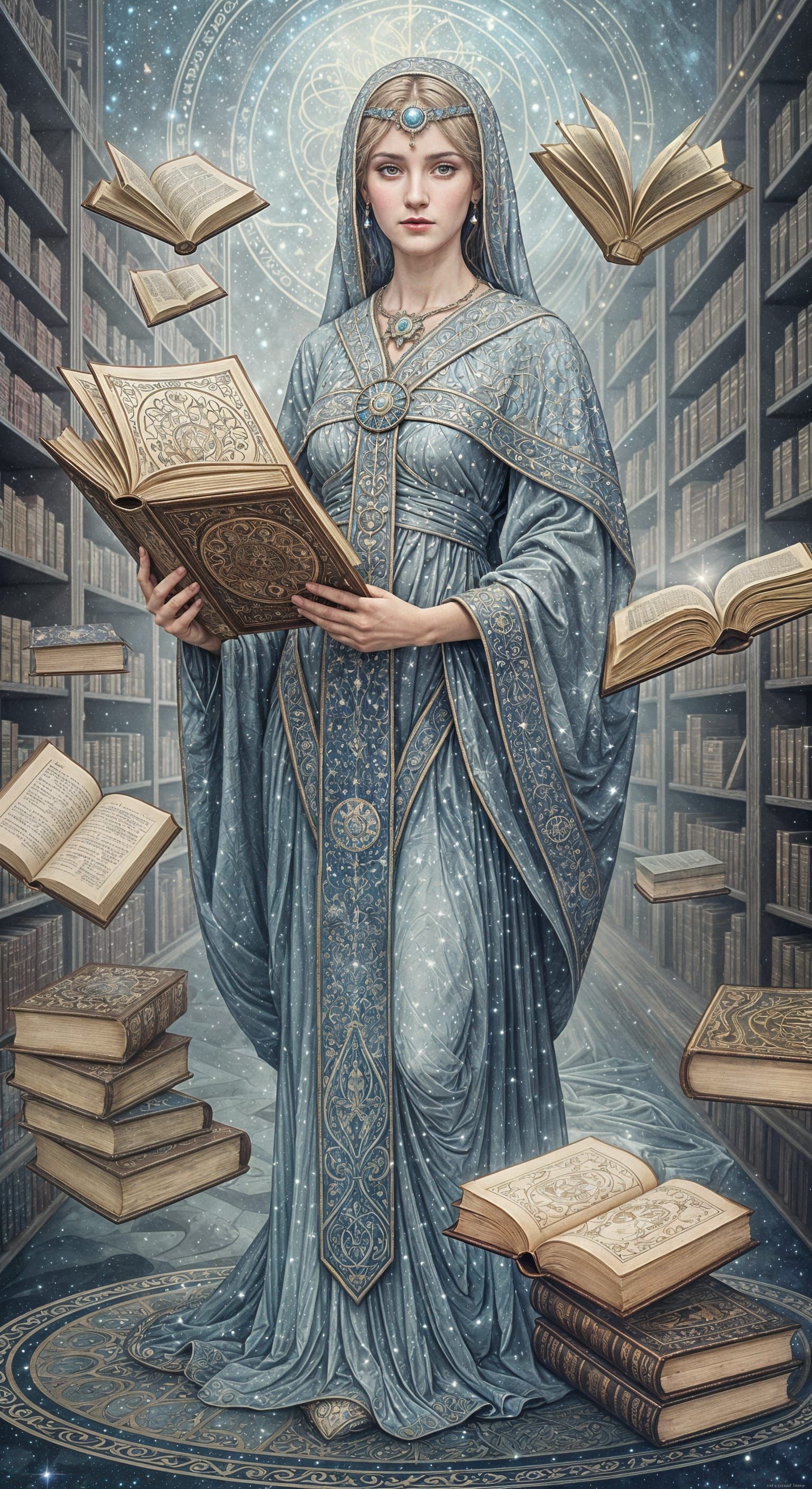 Celestial Librarian in Cosmic Library, Art Nouveau Style
