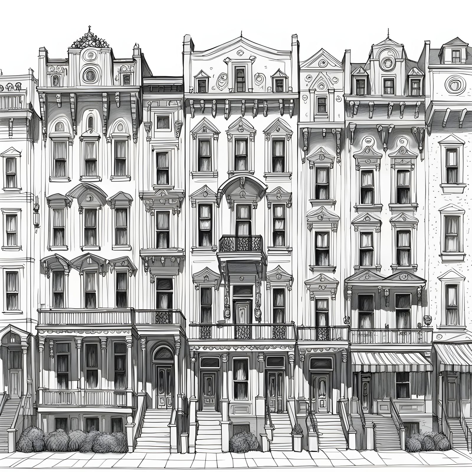 Detailed Black and White City Facade Sketch