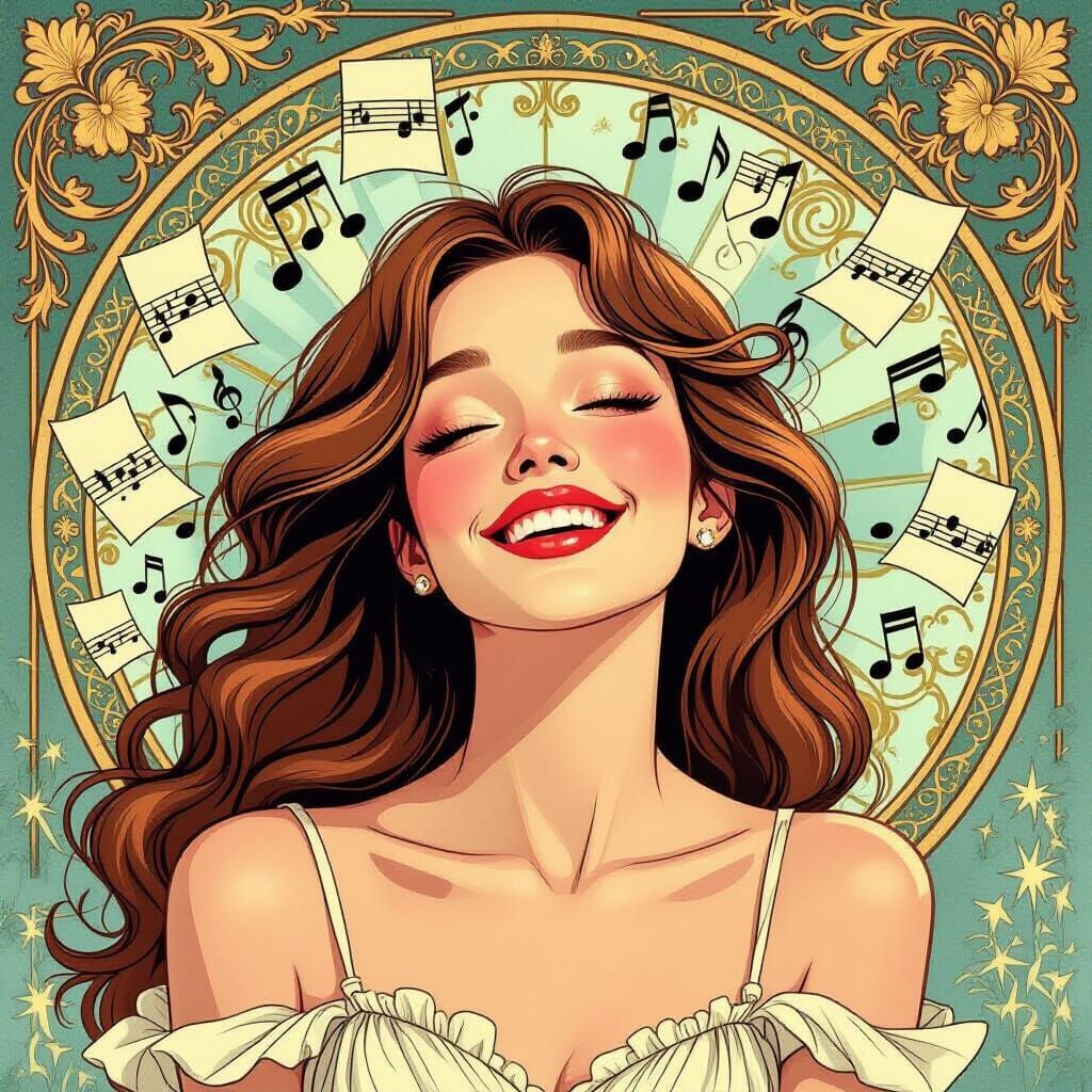 Girl Surrounded by Floating Music Notes