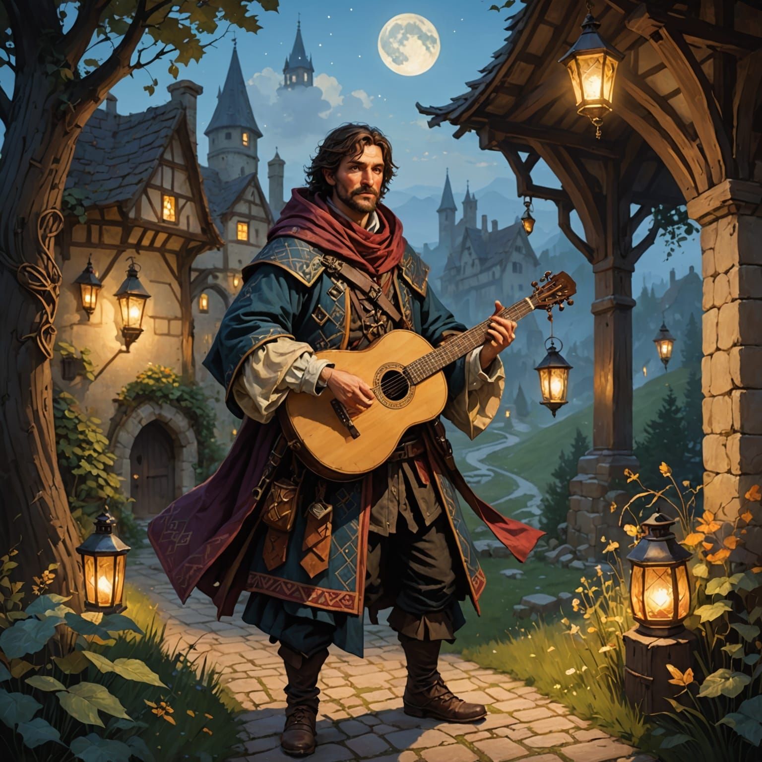Wanderer Bard on Lantern-Lit Path