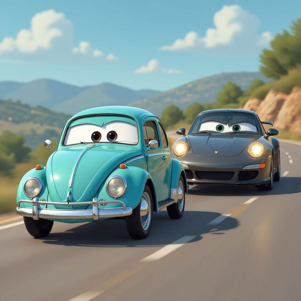 Funny Cartoon Chase: VW Beetle Outsmarts Porsche