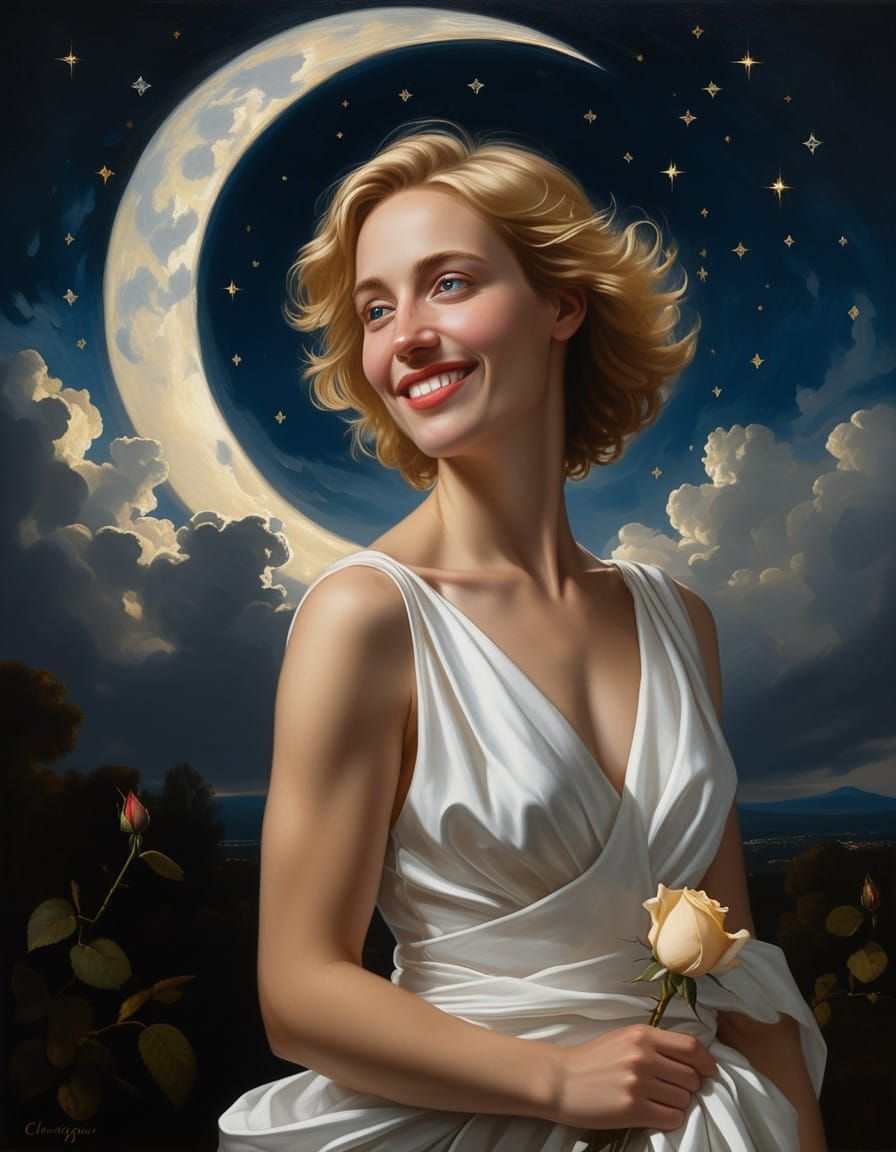 Chiaroscuro Portrait of Woman Under Starlit Sky