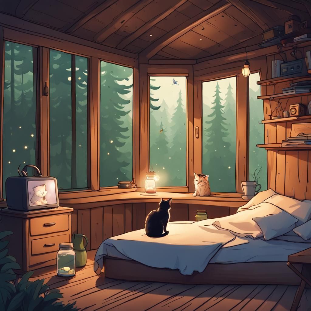 Anime Witch and Cat in Forest Cabin