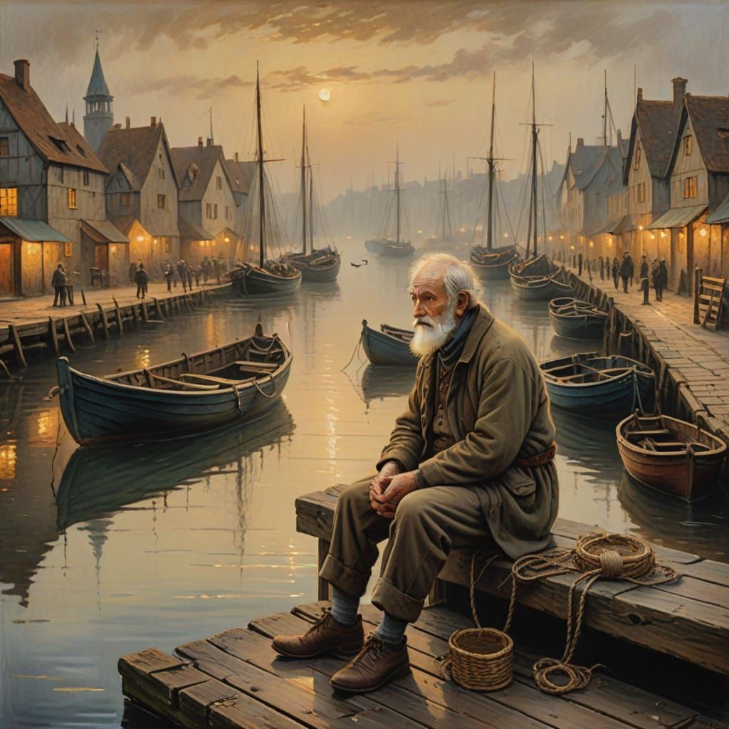 Medieval Harbour Evening Calm: Old Man on Pier