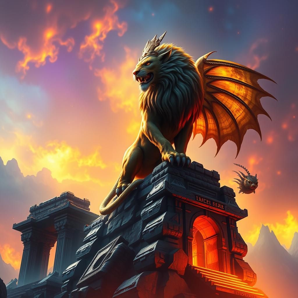 Regal Manticore on Ruined Temple: Fantastical Matte Painting