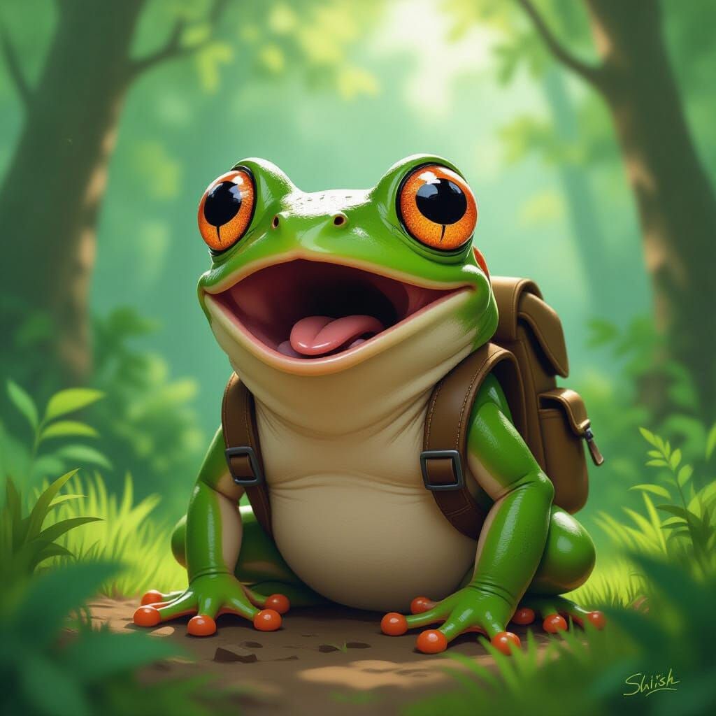 Surprised Frog in Forest, Digital Art Style