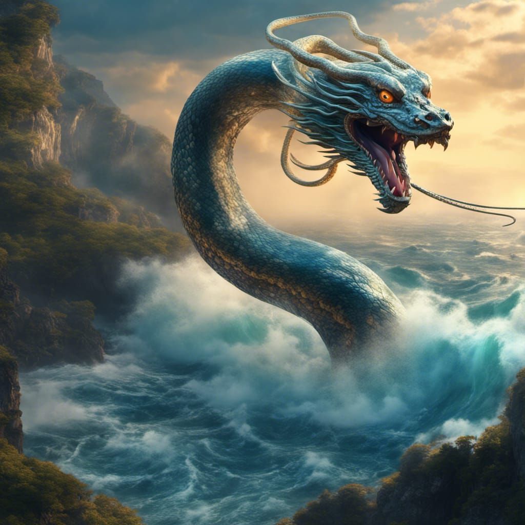 Ethereal Japanese Dragon Over Ocean Cliff: 8K Art