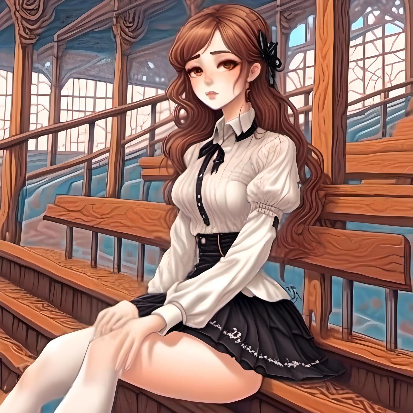 Girl in Boho Style on Bleachers in Sunlight