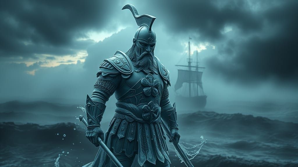 Epic Warrior Sculpture in Misty Battlefield