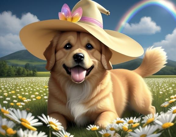 Joyful Golden Retriever Puppy in Party Hat Chewing Balloon