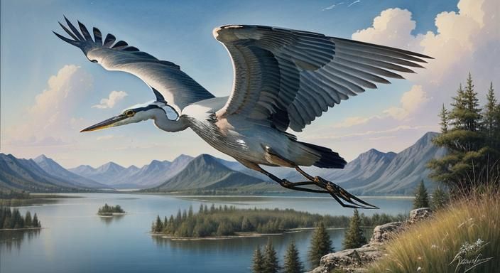 Blue Heron Gliding Over Lake: Watercolor Painting