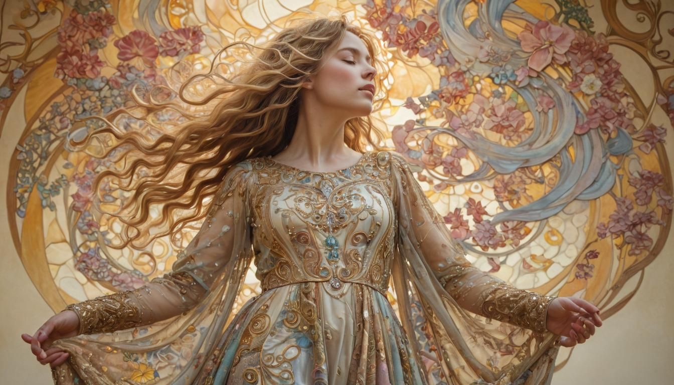 Serene Woman in Surreal Art Nouveau Landscape