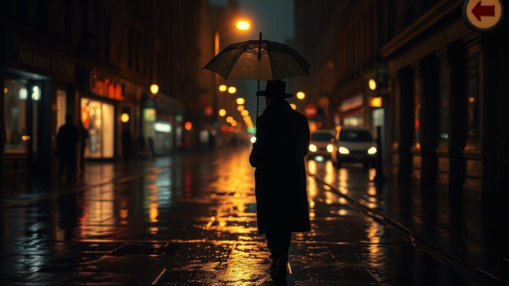 Film Noir Figure in Rainy City Street